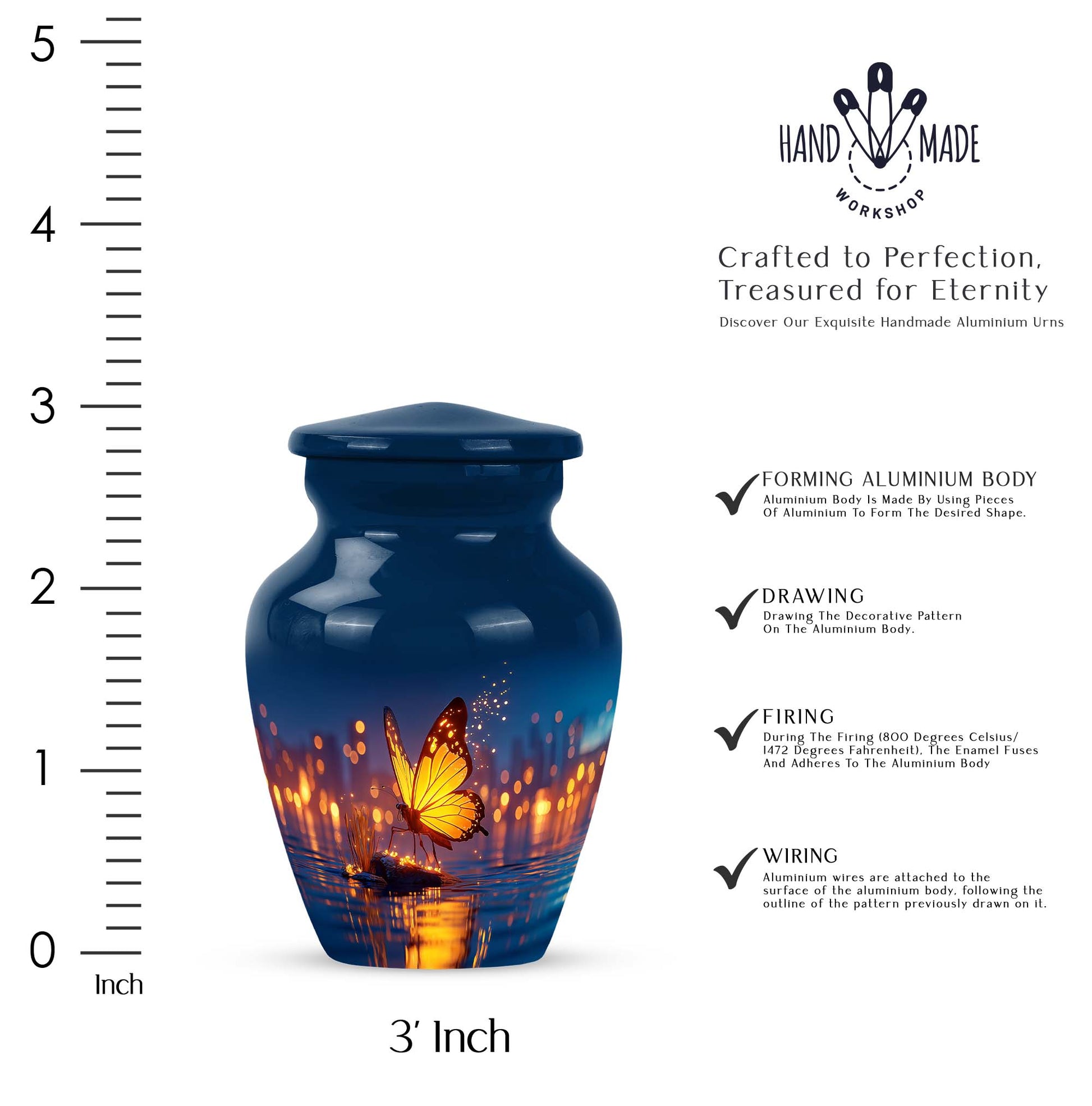 Sky Blue Butterfly Cremation Urn close-up of engraving and surface detail - classic sculpted butterfly pattern on smooth aluminum - mini keepsake memorial for portion of cremation ashes