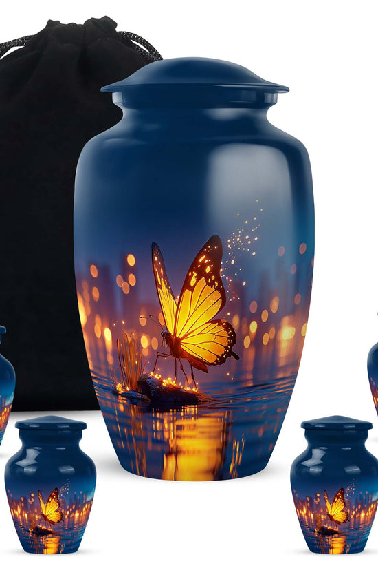 Vivid Blue Butterfly Cremation Urn top-down view of secure threaded lid - traditional butterfly engraving with hand-polished finish - memorial set with one large and four small urns