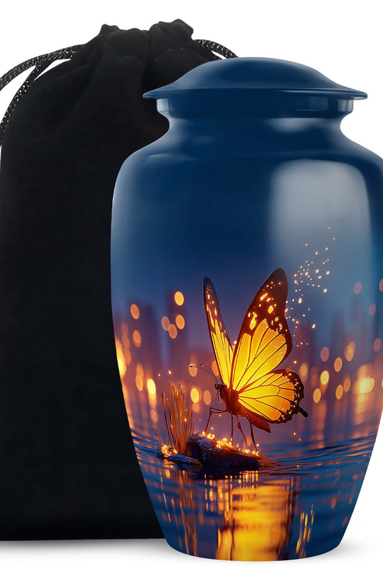 Indigo Butterfly Cremation Urn angled view of lid and engraved motif - timeless butterfly motif etched into premium metal - full-size 10 inch 200 cubic inch adult cremation urn