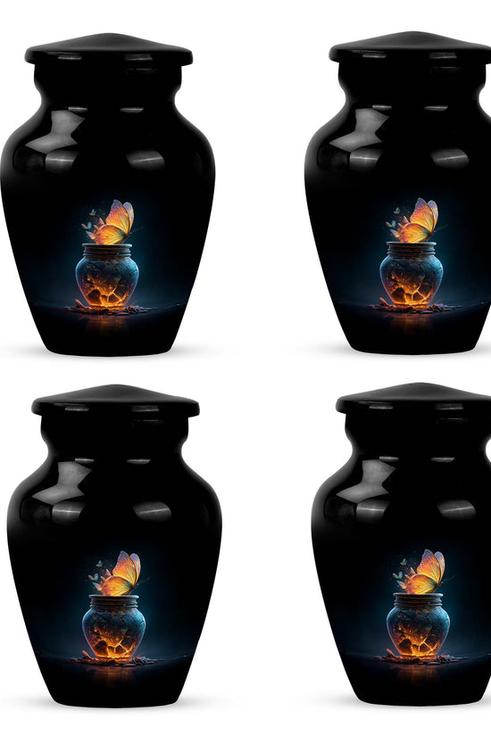 Ebony Butterfly Cremation Urn side profile showing urn shape - classic sculpted butterfly pattern on smooth aluminum - 10 inch aluminum urn for cremated remains