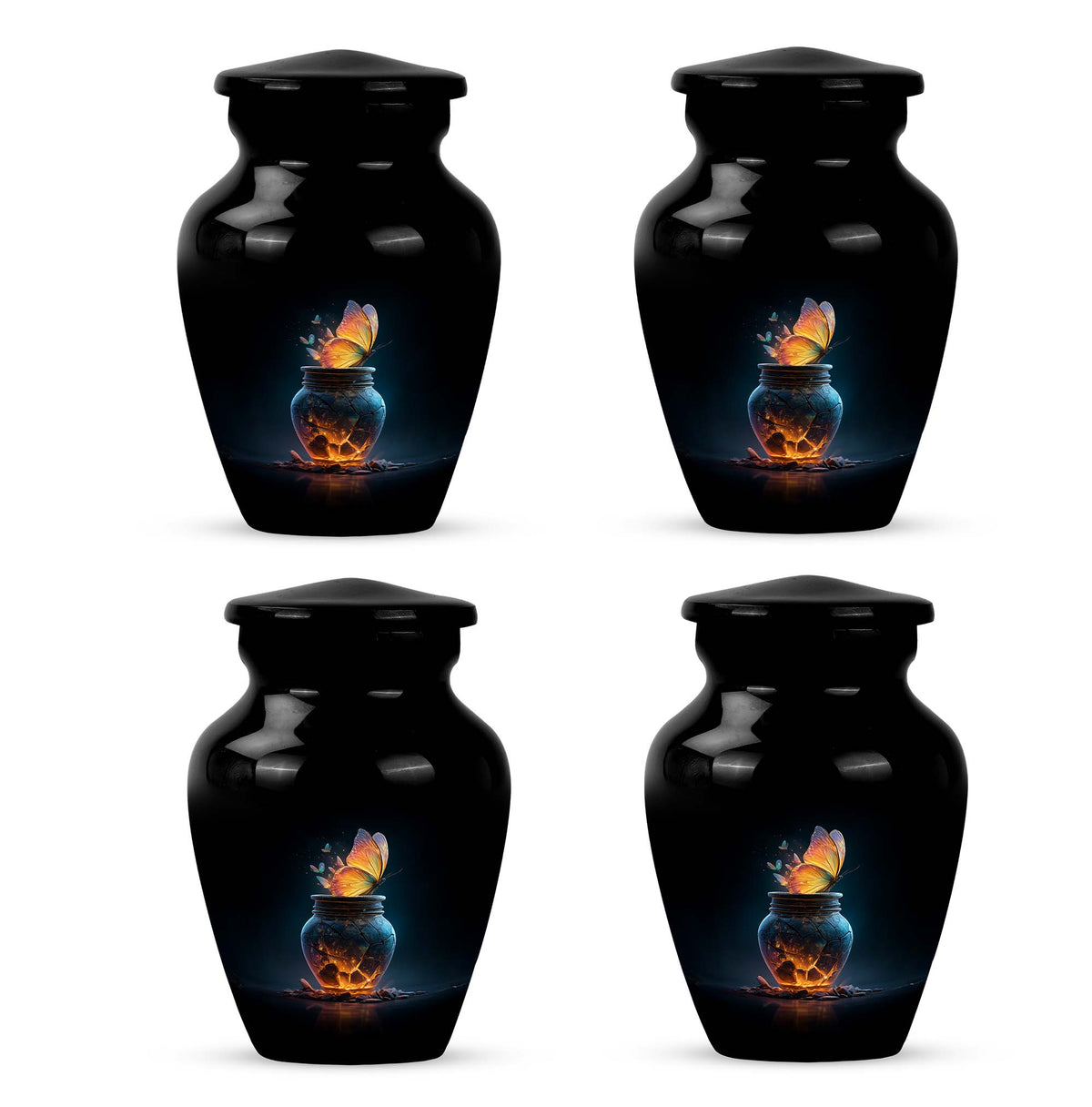 Ebony Butterfly Cremation Urn side profile showing urn shape - classic sculpted butterfly pattern on smooth aluminum - 10 inch aluminum urn for cremated remains