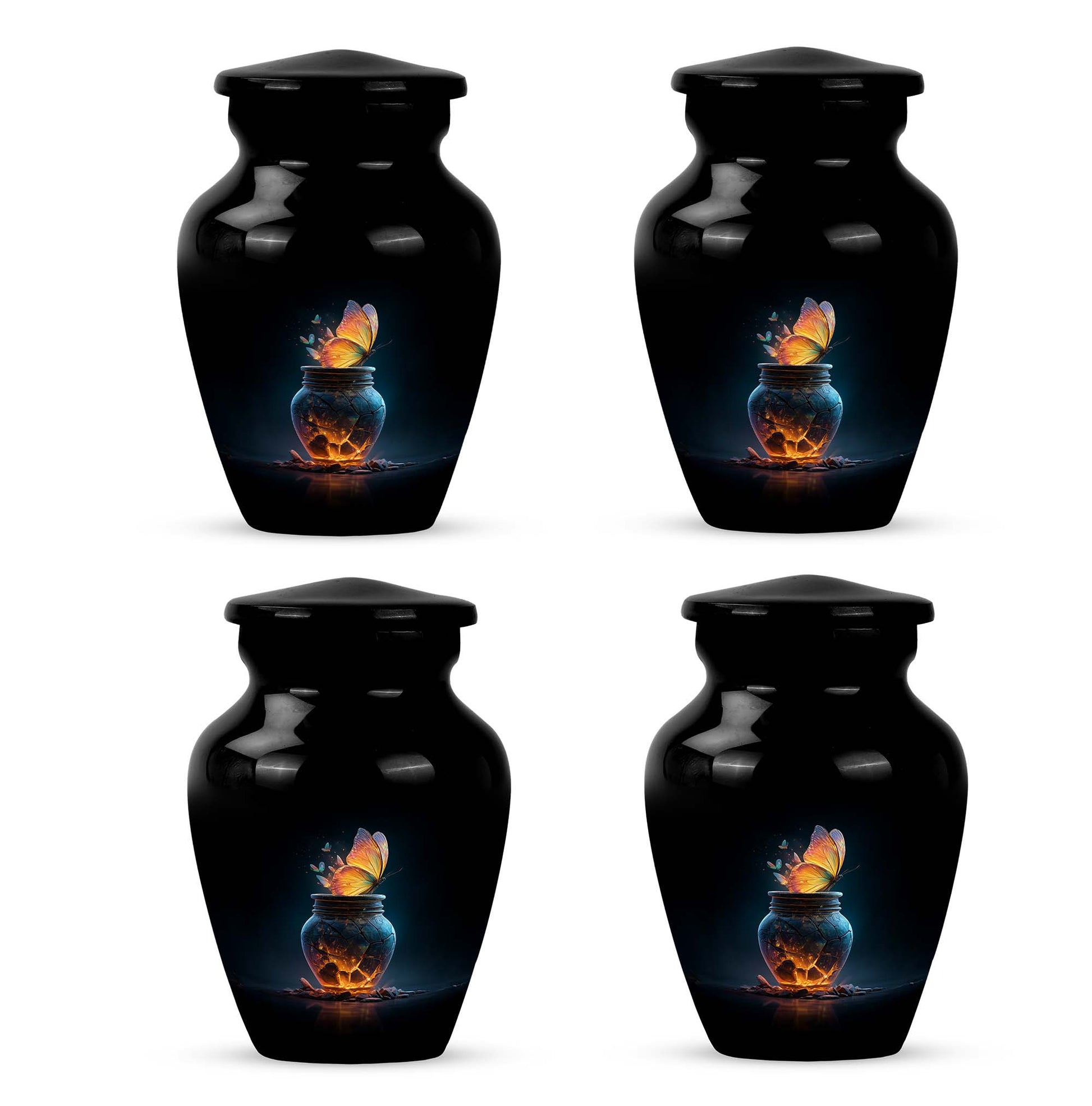 Ebony Butterfly Cremation Urn side profile showing urn shape - classic sculpted butterfly pattern on smooth aluminum - 10 inch aluminum urn for cremated remains