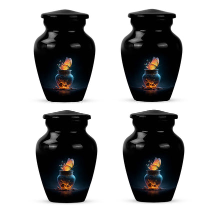 Ebony Butterfly Cremation Urn side profile showing urn shape - classic sculpted butterfly pattern on smooth aluminum - 10 inch aluminum urn for cremated remains