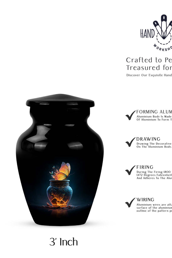 Obsidian Black Butterfly Cremation Urn close-up of engraving and surface detail - traditional butterfly engraving with hand-polished finish - mini keepsake memorial for portion of cremation ashes