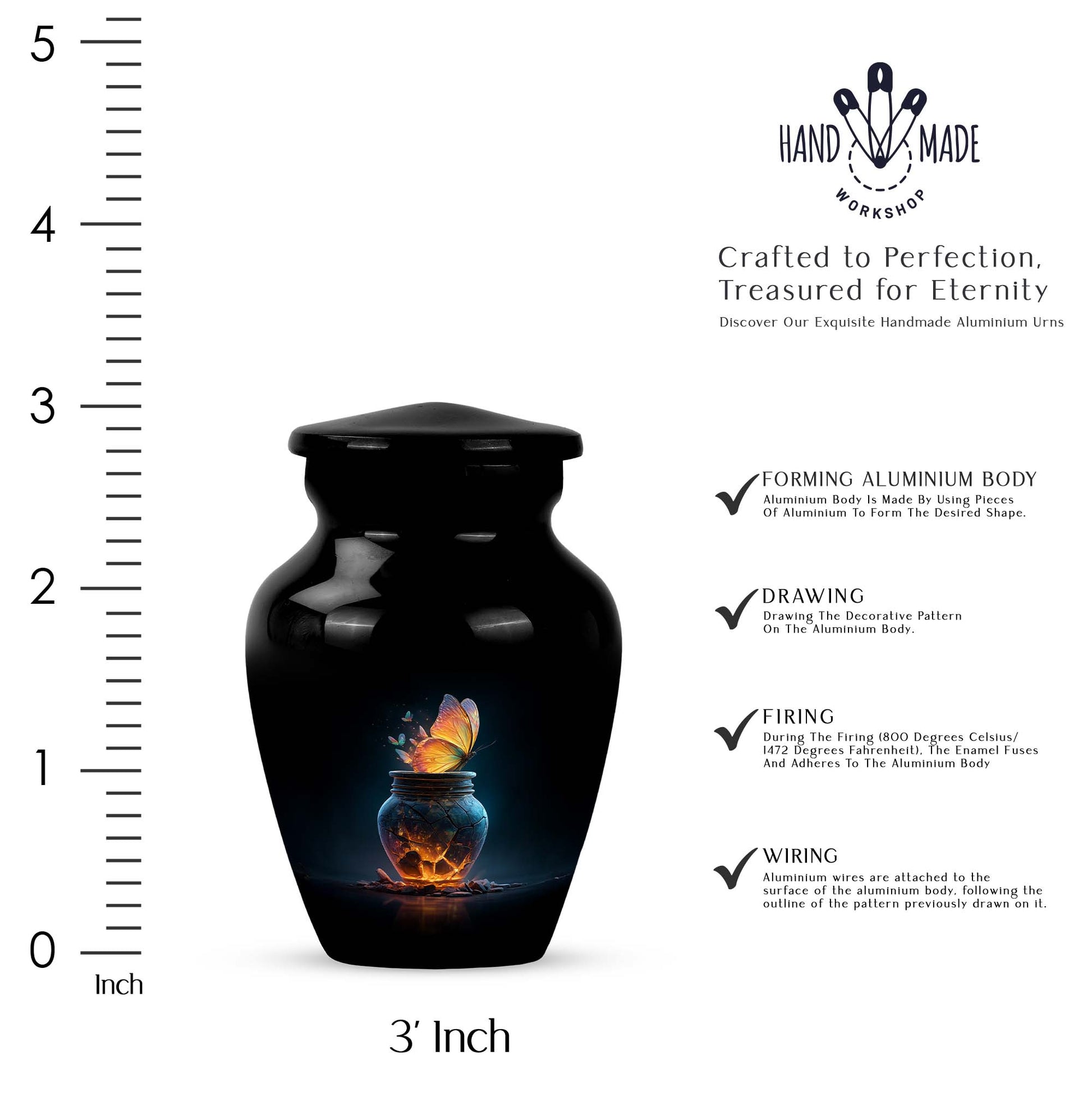 Obsidian Black Butterfly Cremation Urn close-up of engraving and surface detail - traditional butterfly engraving with hand-polished finish - mini keepsake memorial for portion of cremation ashes