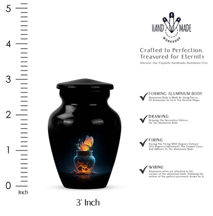 Obsidian Black Butterfly Cremation Urn close-up of engraving and surface detail - traditional butterfly engraving with hand-polished finish - mini keepsake memorial for portion of cremation ashes