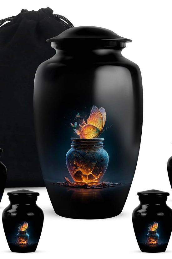 Ebony Butterfly Cremation Urn top-down view of secure threaded lid - classic sculpted butterfly pattern on smooth aluminum - memorial set with one large and four small urns