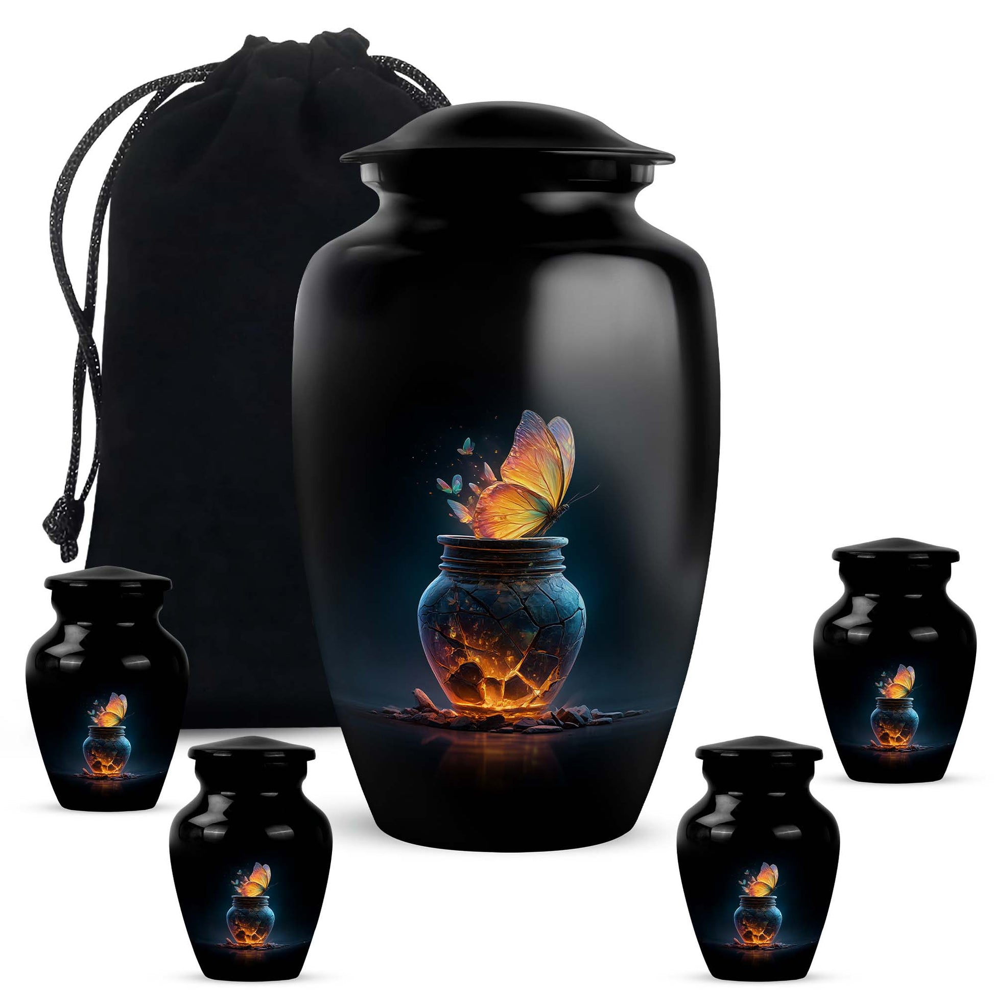 Ebony Butterfly Cremation Urn top-down view of secure threaded lid - classic sculpted butterfly pattern on smooth aluminum - memorial set with one large and four small urns