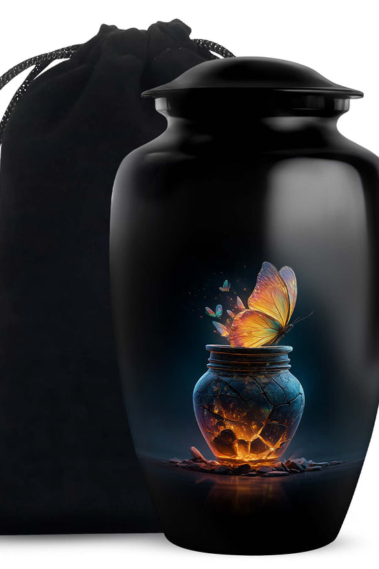 Obsidian Black Butterfly Cremation Urn angled view of lid and engraved motif - elegant classic butterfly relief with fine detailing - full-size 10 inch 200 cubic inch adult cremation urn