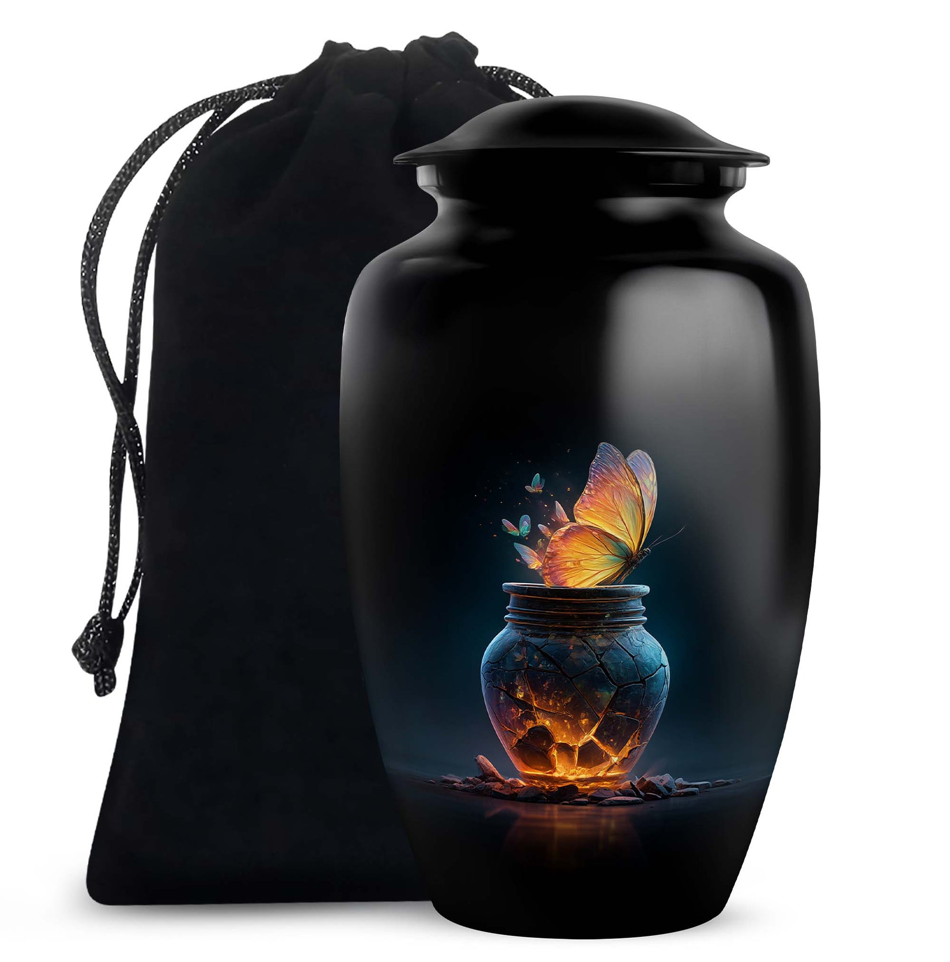Obsidian Black Butterfly Cremation Urn angled view of lid and engraved motif - elegant classic butterfly relief with fine detailing - full-size 10 inch 200 cubic inch adult cremation urn
