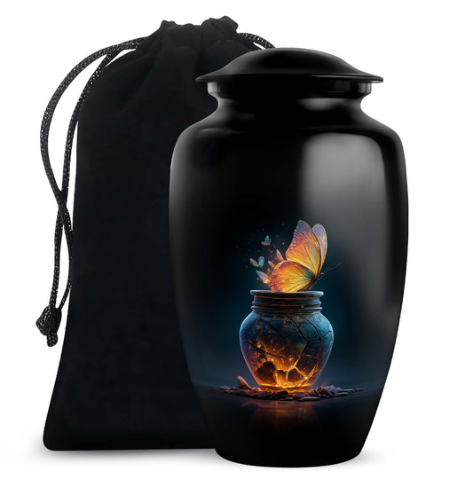Obsidian Black Butterfly Cremation Urn angled view of lid and engraved motif - elegant classic butterfly relief with fine detailing - full-size 10 inch 200 cubic inch adult cremation urn