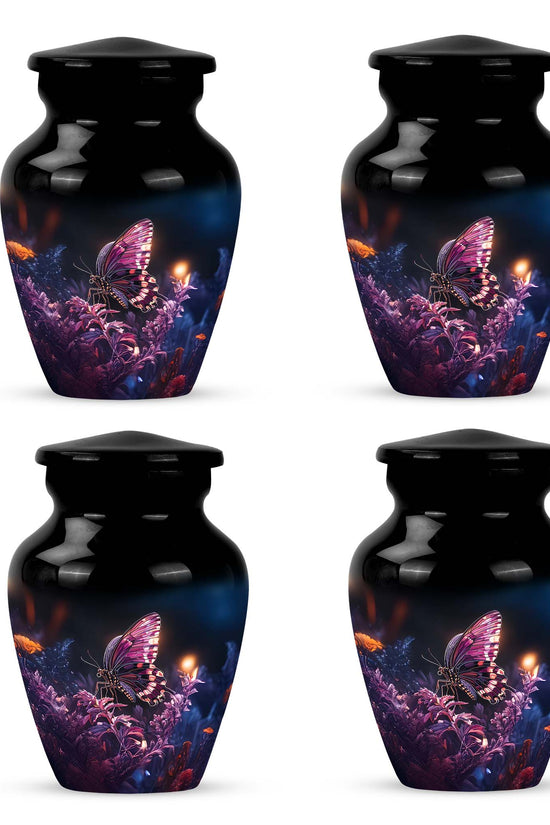 Charcoal Black Butterfly Cremation Urn side profile showing urn shape - traditional butterfly engraving with hand-polished finish - 10 inch aluminum urn for cremated remains
