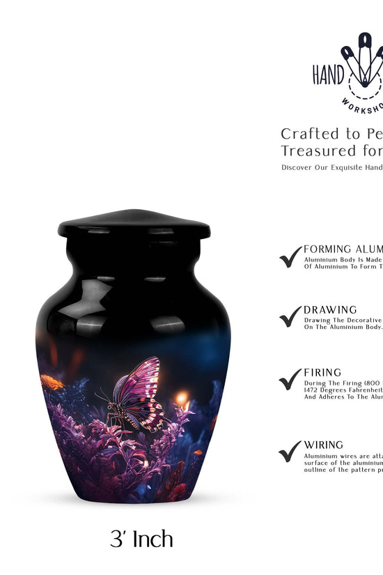 Dark Black Butterfly Cremation Urn close-up of engraving and surface detail - traditional butterfly engraving with hand-polished finish - mini keepsake memorial for portion of cremation ashes
