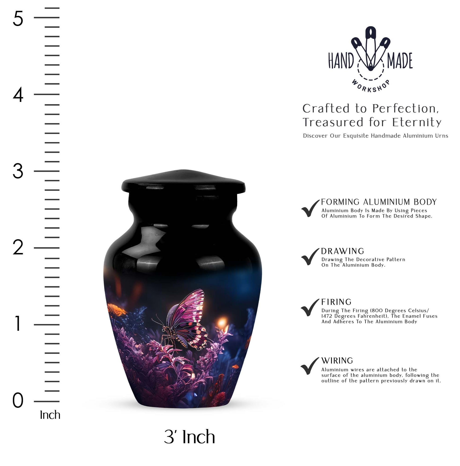 Dark Black Butterfly Cremation Urn close-up of engraving and surface detail - traditional butterfly engraving with hand-polished finish - mini keepsake memorial for portion of cremation ashes