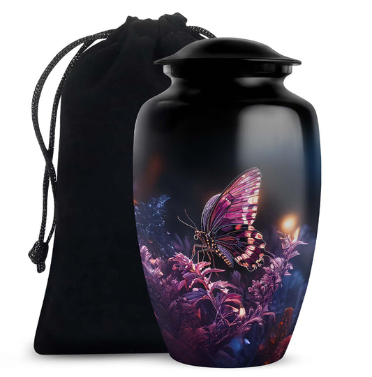 Purple Butterfly Urn with Flowers – Elegant Memorial Cremation Urn