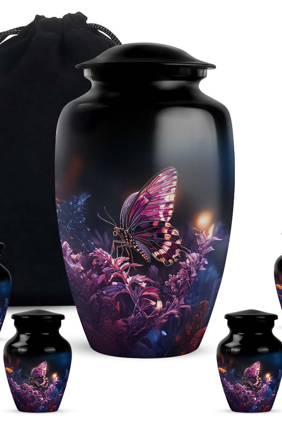 Glossy Black Butterfly Cremation Urn top-down view of secure threaded lid - classic sculpted butterfly pattern on smooth aluminum - memorial set with one large and four small urns