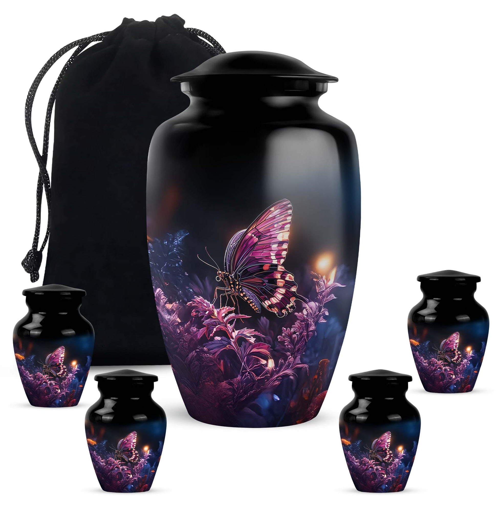 Glossy Black Butterfly Cremation Urn top-down view of secure threaded lid - classic sculpted butterfly pattern on smooth aluminum - memorial set with one large and four small urns