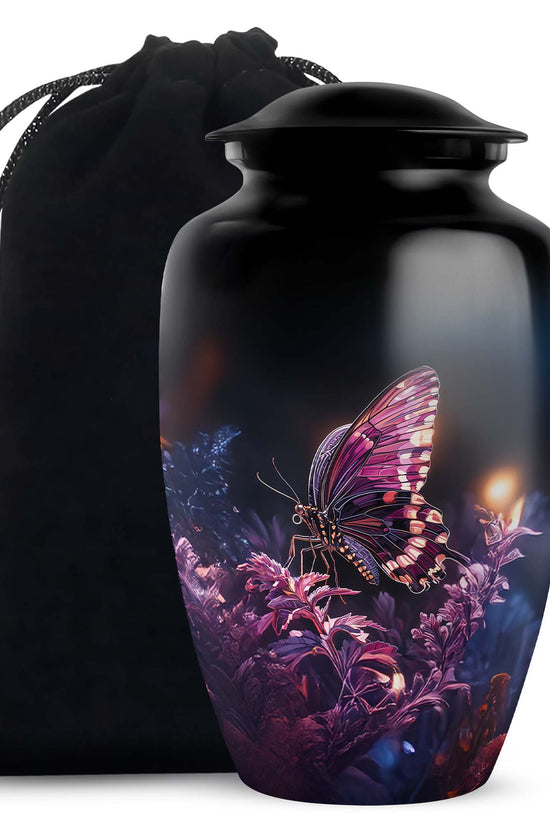 Charcoal Black Butterfly Cremation Urn angled view of lid and engraved motif - traditional butterfly engraving with hand-polished finish - full-size 10 inch 200 cubic inch adult cremation urn