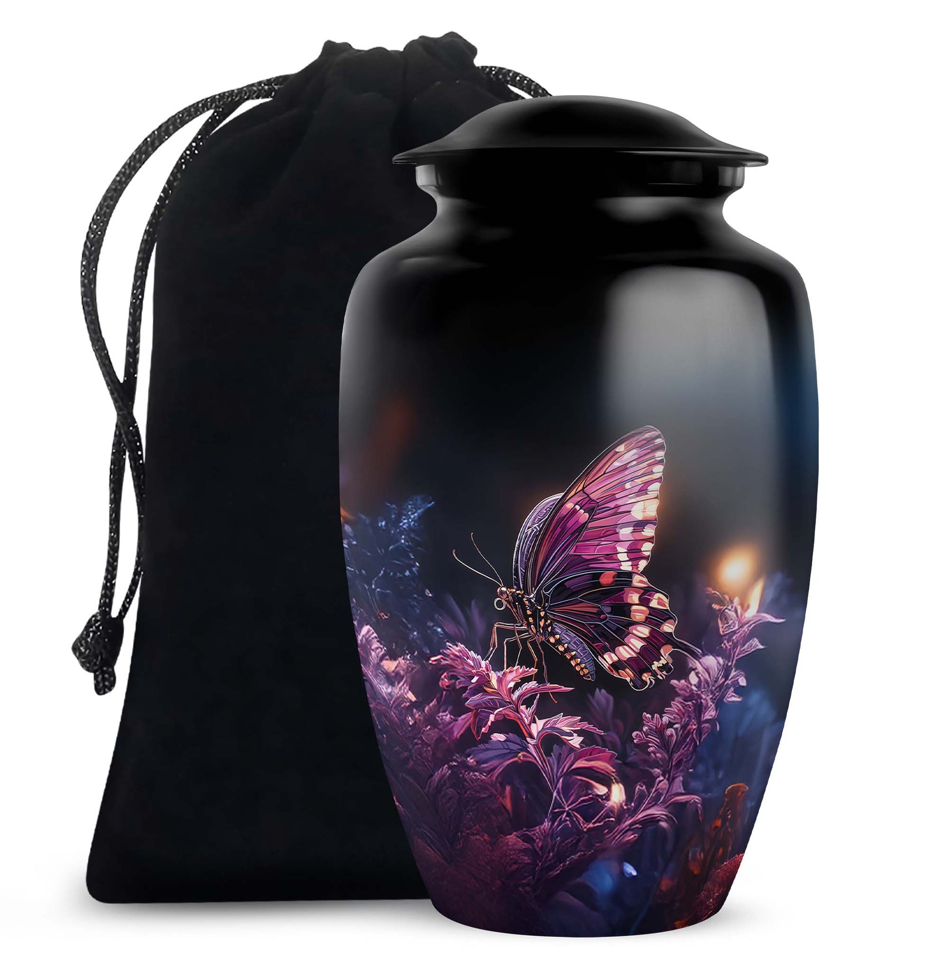 Charcoal Black Butterfly Cremation Urn angled view of lid and engraved motif - traditional butterfly engraving with hand-polished finish - full-size 10 inch 200 cubic inch adult cremation urn