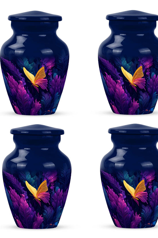 Azure Butterfly Cremation Urn side profile showing urn shape - classic sculpted butterfly pattern on smooth aluminum - 10 inch aluminum urn for cremated remains