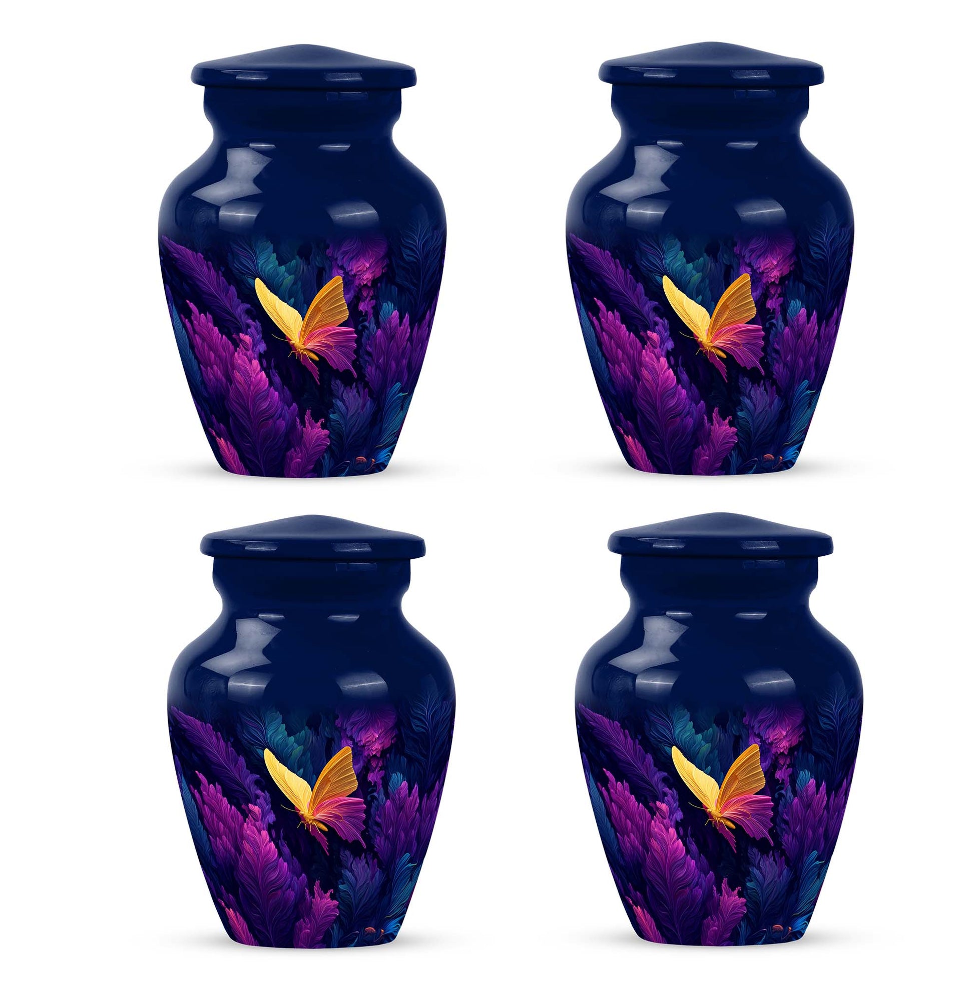 Azure Butterfly Cremation Urn side profile showing urn shape - classic sculpted butterfly pattern on smooth aluminum - 10 inch aluminum urn for cremated remains