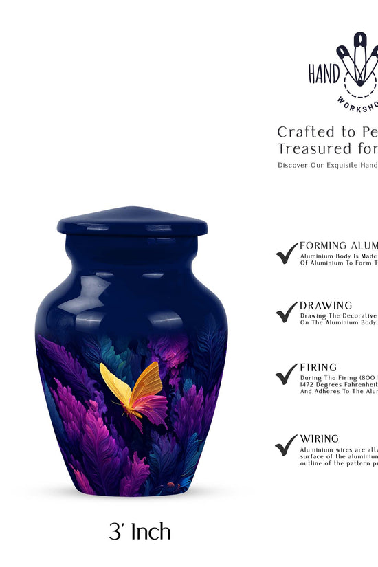 Cornflower Blue Butterfly Cremation Urn close-up of engraving and surface detail - traditional butterfly engraving with hand-polished finish - mini keepsake memorial for portion of cremation ashes