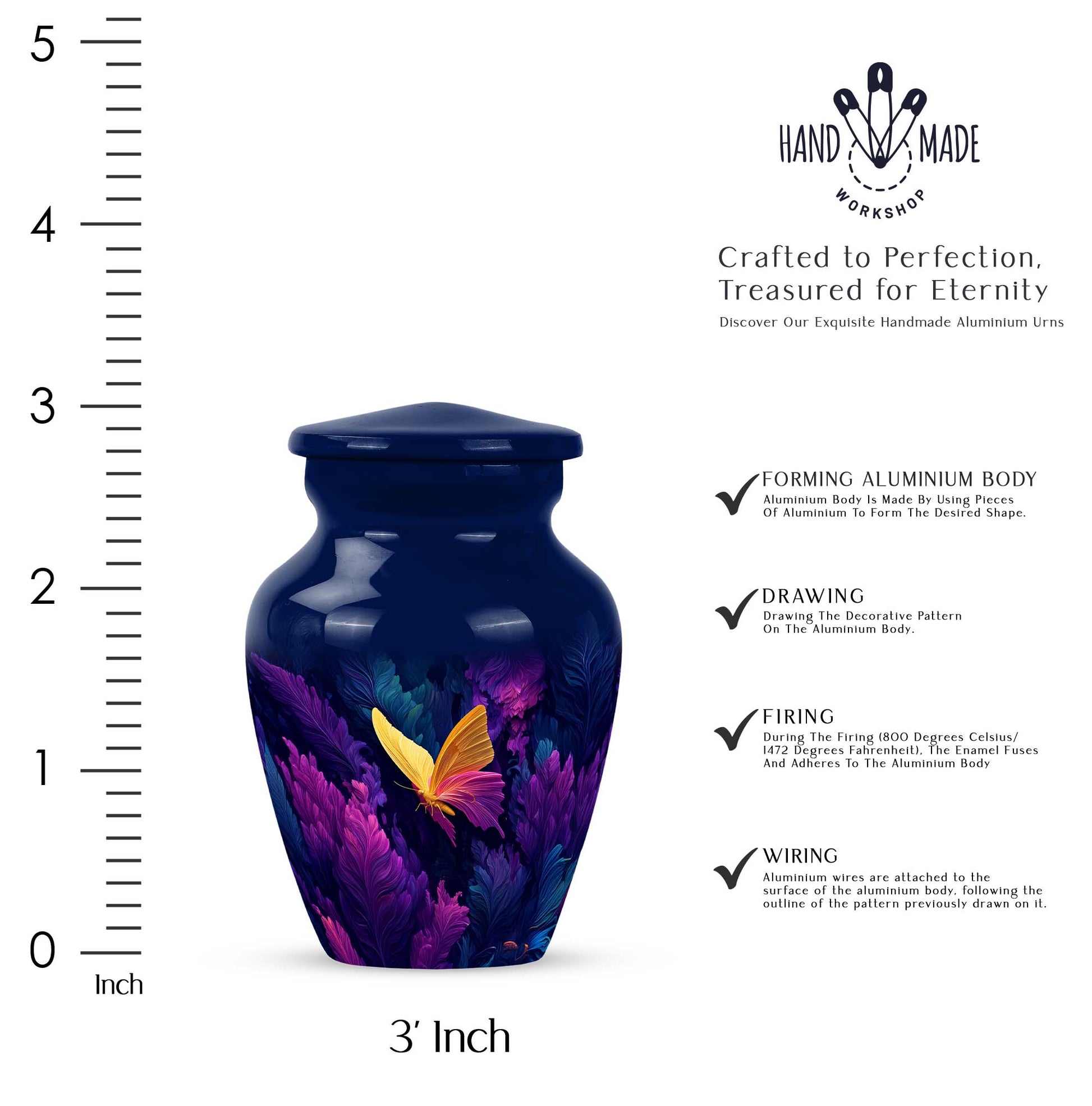 Cornflower Blue Butterfly Cremation Urn close-up of engraving and surface detail - traditional butterfly engraving with hand-polished finish - mini keepsake memorial for portion of cremation ashes