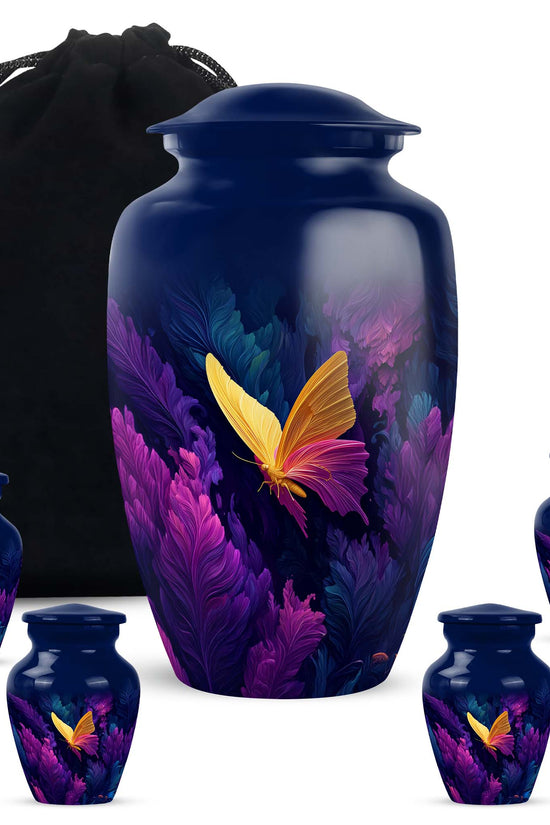 Sky Blue Butterfly Cremation Urn top-down view of secure threaded lid - classic sculpted butterfly pattern on smooth aluminum - memorial set with one large and four small urns