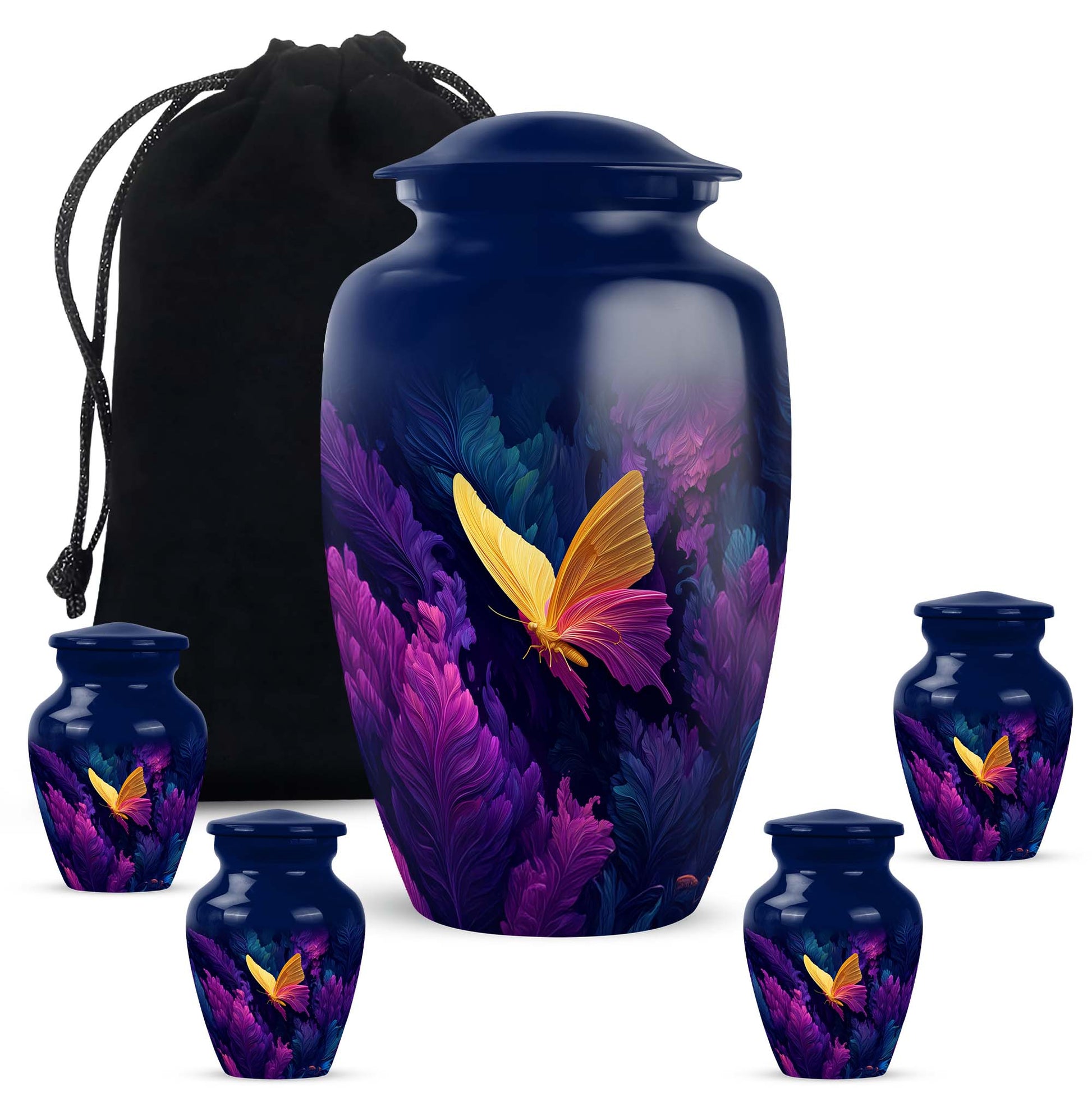 Sky Blue Butterfly Cremation Urn top-down view of secure threaded lid - classic sculpted butterfly pattern on smooth aluminum - memorial set with one large and four small urns