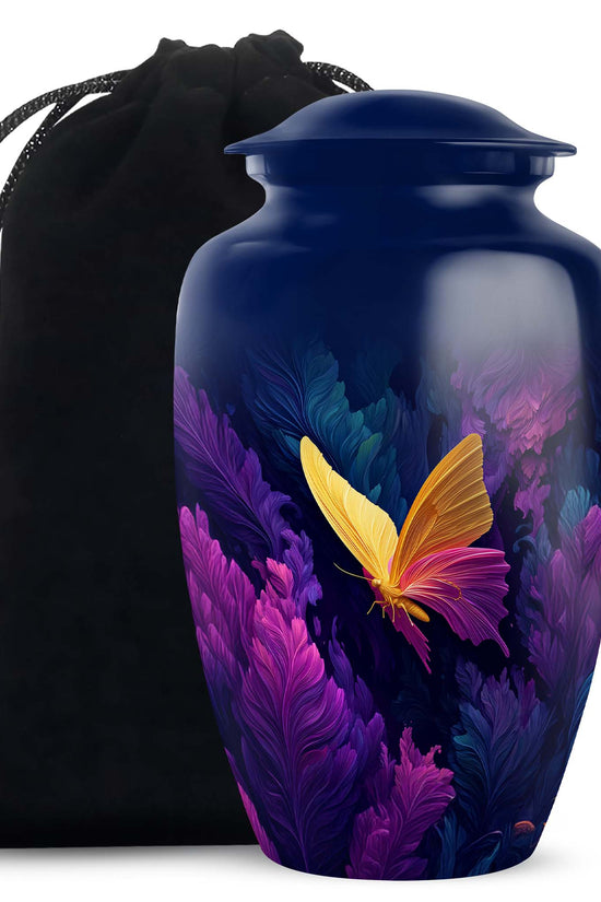 Bright Blue Butterfly Cremation Urn angled view of lid and engraved motif - elegant classic butterfly relief with fine detailing - full-size 10 inch 200 cubic inch adult cremation urn