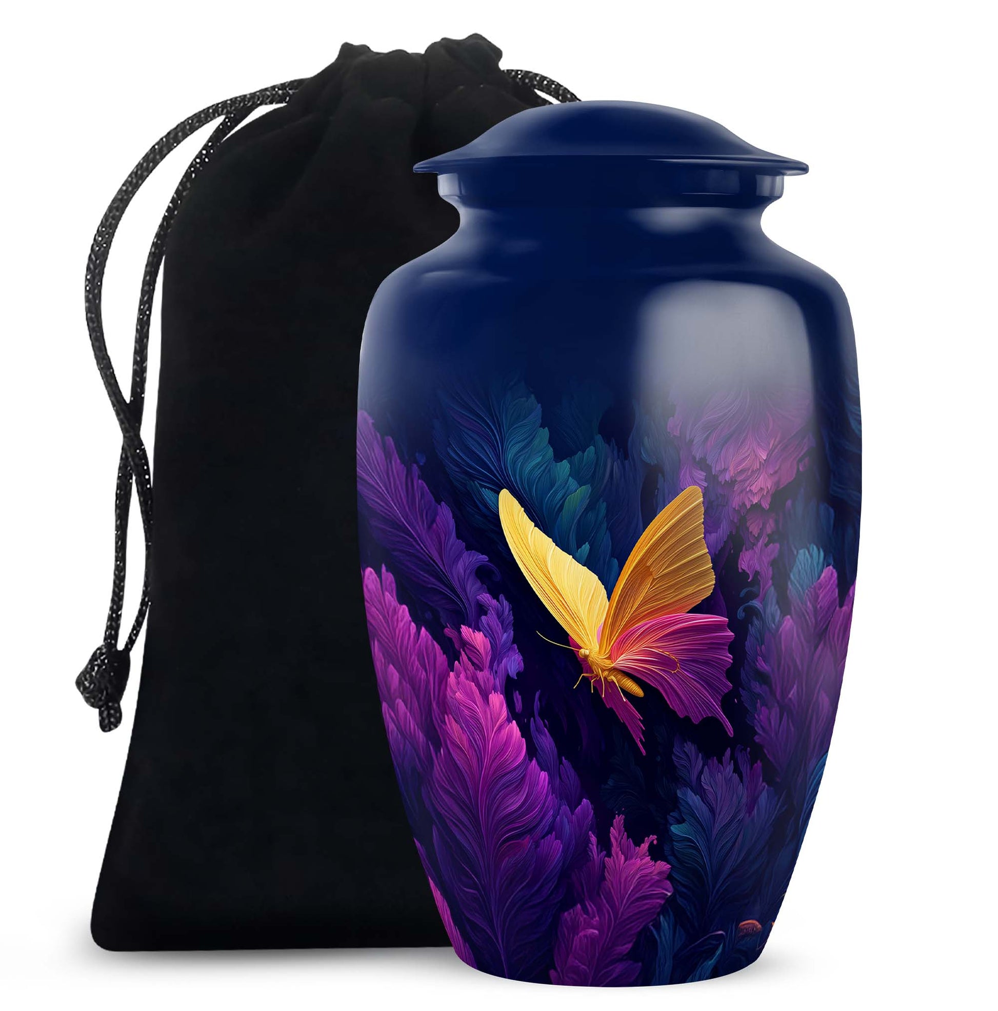 Bright Blue Butterfly Cremation Urn angled view of lid and engraved motif - elegant classic butterfly relief with fine detailing - full-size 10 inch 200 cubic inch adult cremation urn