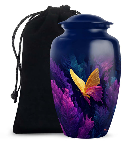 Bright Blue Butterfly Cremation Urn angled view of lid and engraved motif - elegant classic butterfly relief with fine detailing - full-size 10 inch 200 cubic inch adult cremation urn