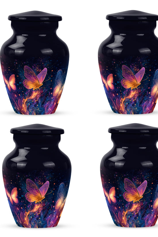 Dark Black Butterfly Cremation Urn side profile showing urn shape - traditional butterfly engraving with hand-polished finish - 10 inch aluminum urn for cremated remains