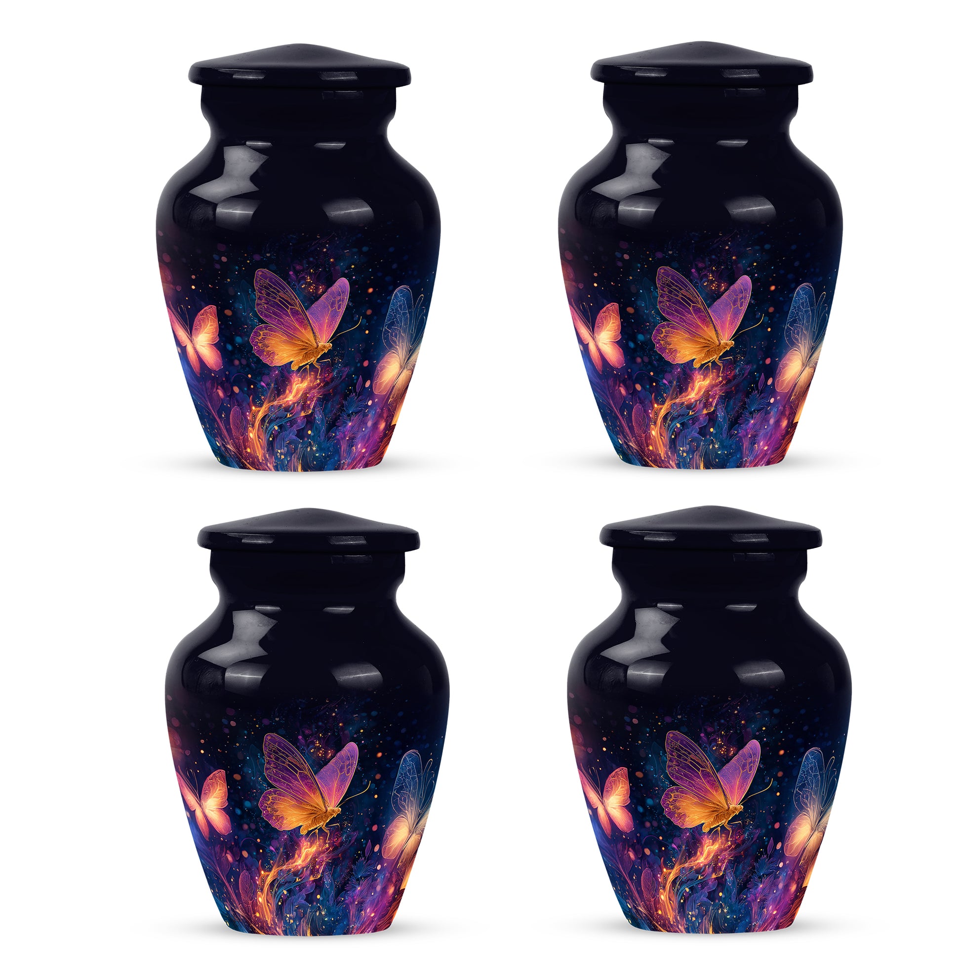 Dark Black Butterfly Cremation Urn side profile showing urn shape - traditional butterfly engraving with hand-polished finish - 10 inch aluminum urn for cremated remains