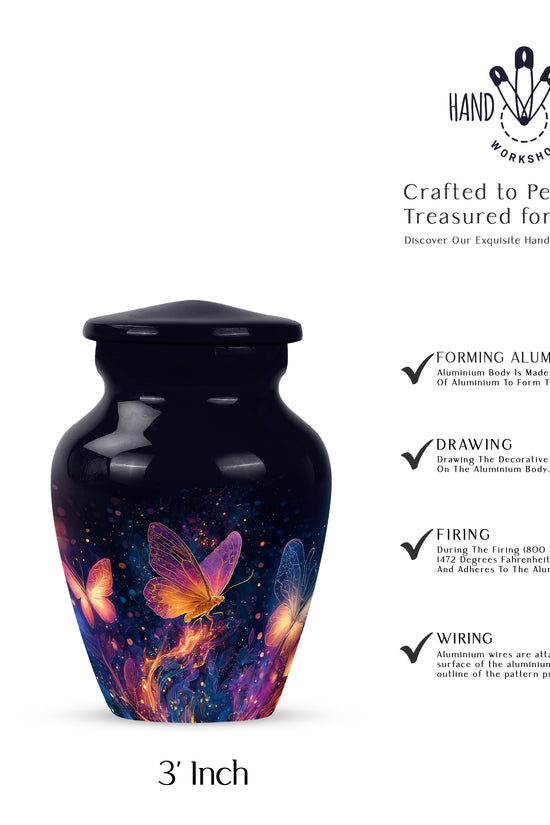 Deep Black Butterfly Cremation Urn close-up of engraving and surface detail - timeless butterfly motif etched into premium metal - mini keepsake memorial for portion of cremation ashes