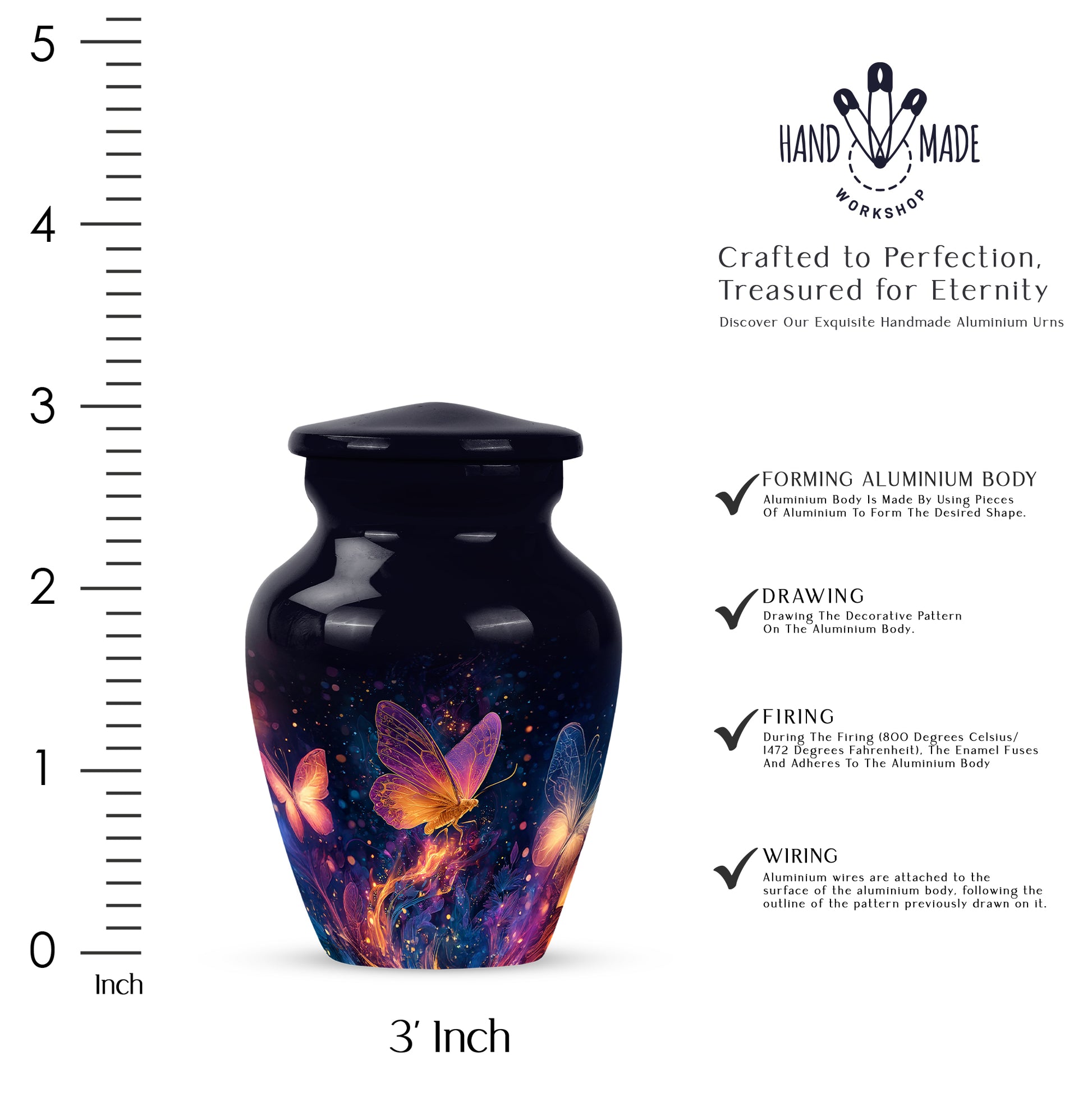 Deep Black Butterfly Cremation Urn close-up of engraving and surface detail - timeless butterfly motif etched into premium metal - mini keepsake memorial for portion of cremation ashes