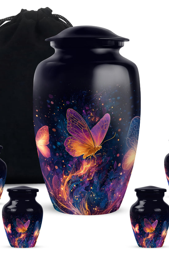 Ebony Butterfly Cremation Urn top-down view of secure threaded lid - timeless butterfly motif etched into premium metal - memorial set with one large and four small urns