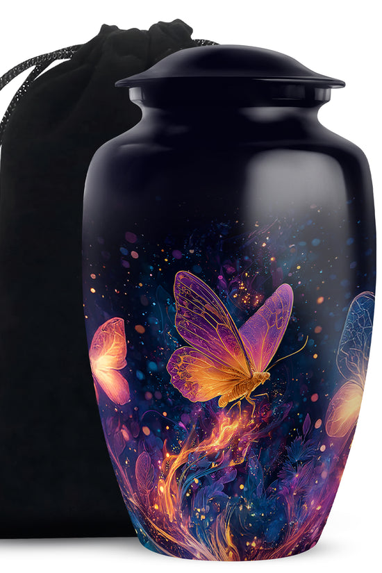 Charcoal Black Butterfly Cremation Urn angled view of lid and engraved motif - elegant classic butterfly relief with fine detailing - full-size 10 inch 200 cubic inch adult cremation urn