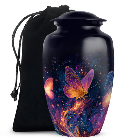 Charcoal Black Butterfly Cremation Urn angled view of lid and engraved motif - elegant classic butterfly relief with fine detailing - full-size 10 inch 200 cubic inch adult cremation urn