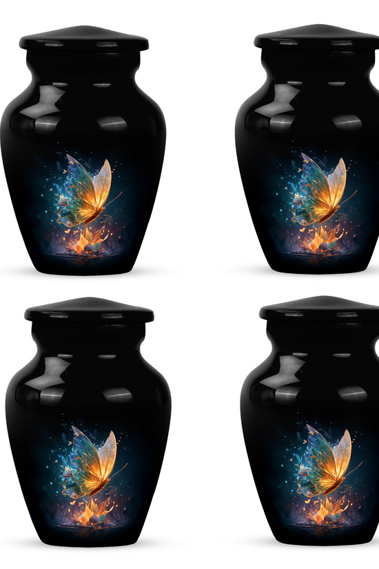Dark Black Butterfly Cremation Urn side profile showing urn shape - elegant classic butterfly relief with fine detailing - 10 inch aluminum urn for cremated remains