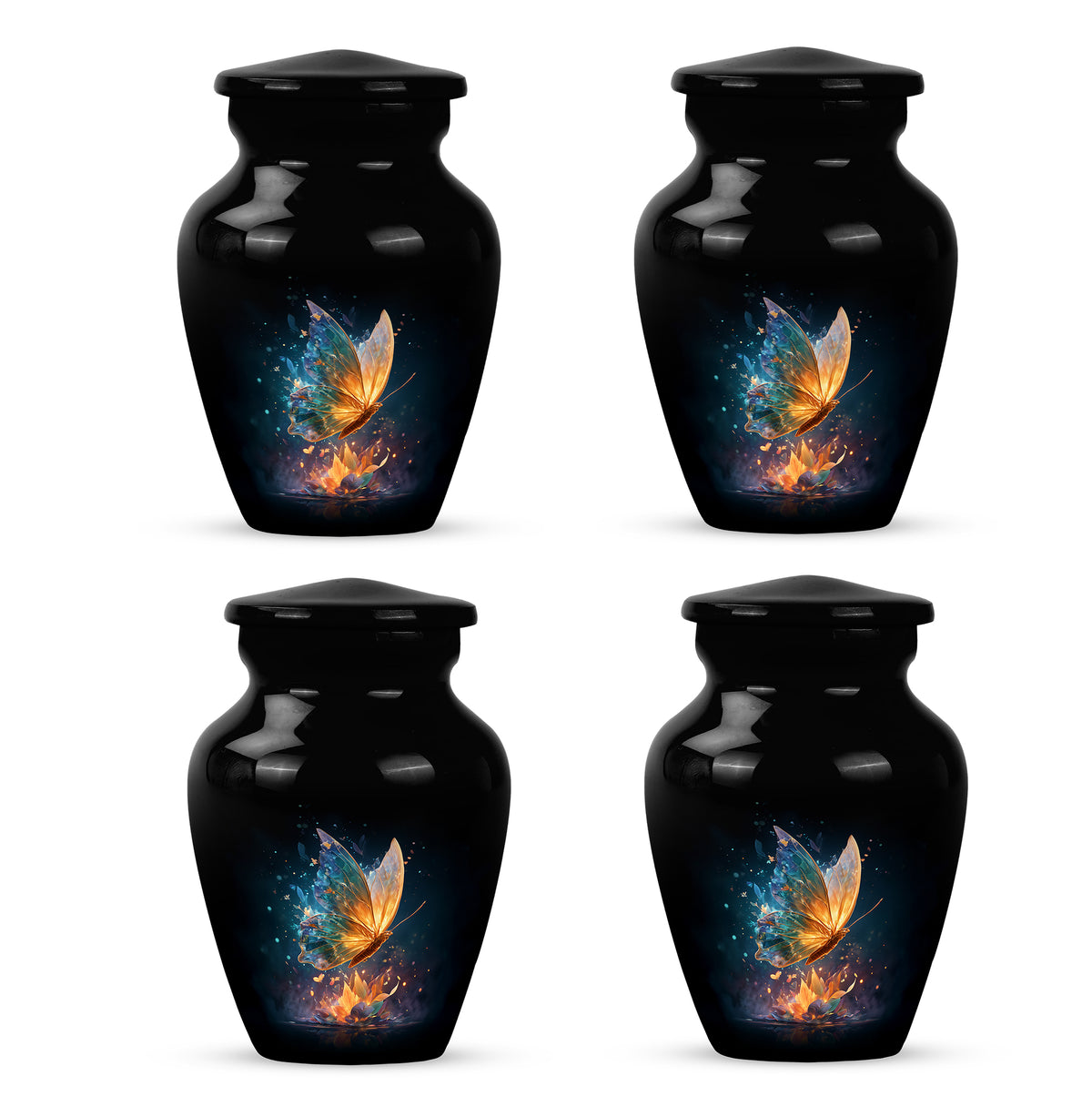 Dark Black Butterfly Cremation Urn side profile showing urn shape - elegant classic butterfly relief with fine detailing - 10 inch aluminum urn for cremated remains