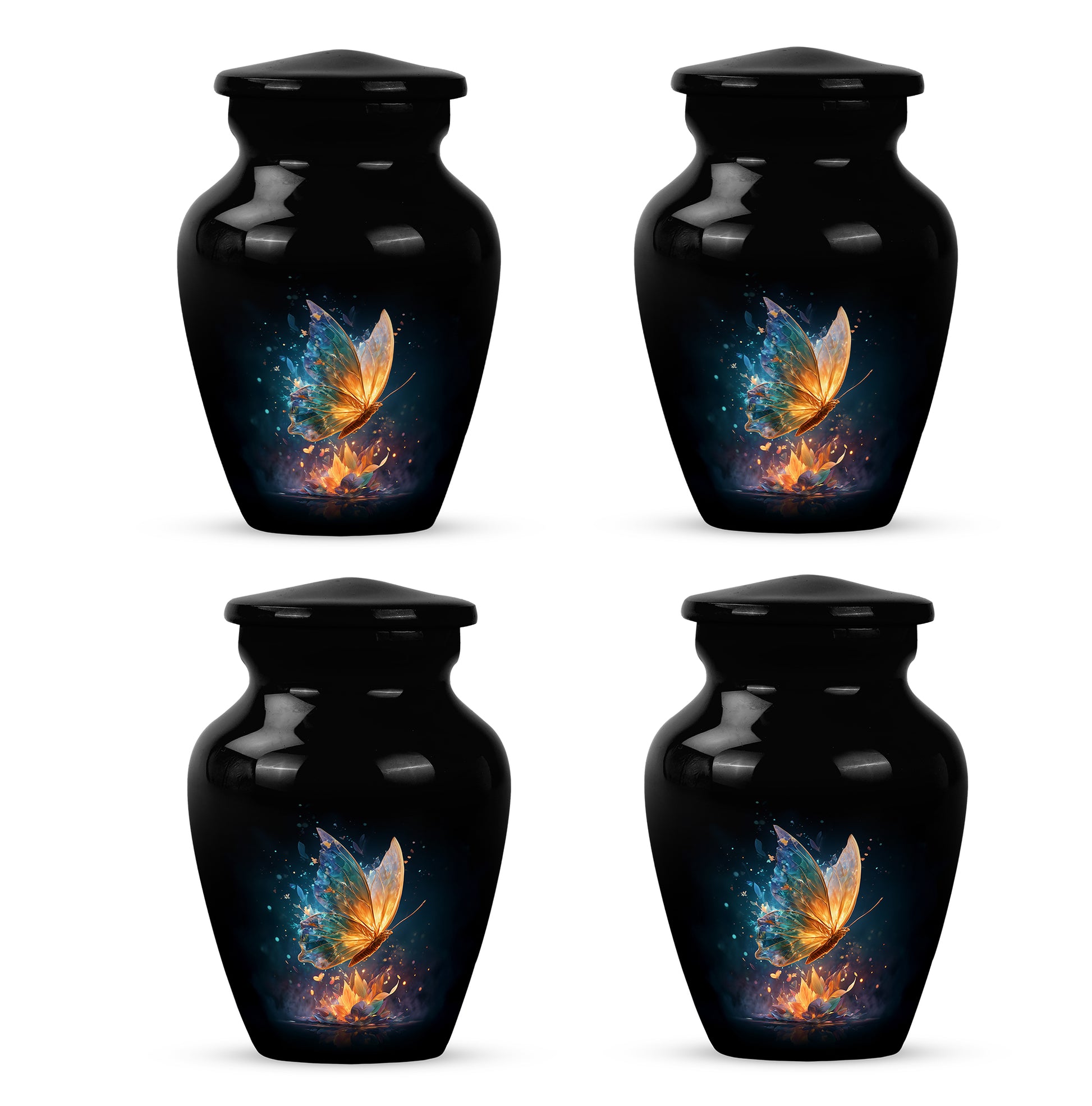 Dark Black Butterfly Cremation Urn side profile showing urn shape - elegant classic butterfly relief with fine detailing - 10 inch aluminum urn for cremated remains