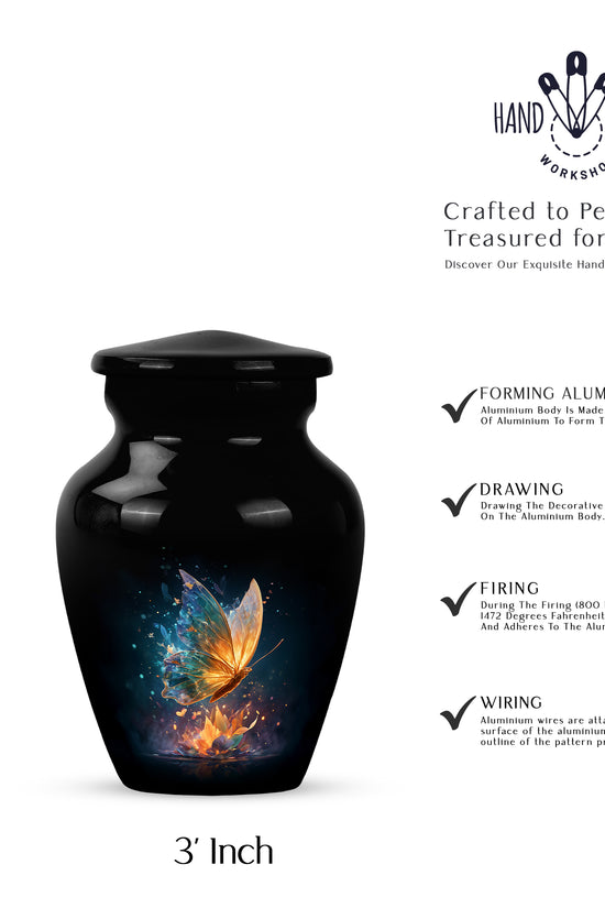 Rich Black Butterfly Cremation Urn close-up of engraving and surface detail - timeless butterfly motif etched into premium metal - mini keepsake memorial for portion of cremation ashes