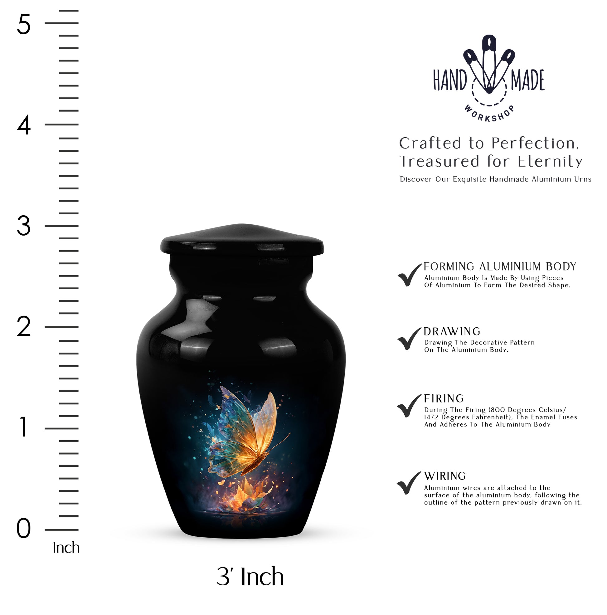 Rich Black Butterfly Cremation Urn close-up of engraving and surface detail - timeless butterfly motif etched into premium metal - mini keepsake memorial for portion of cremation ashes