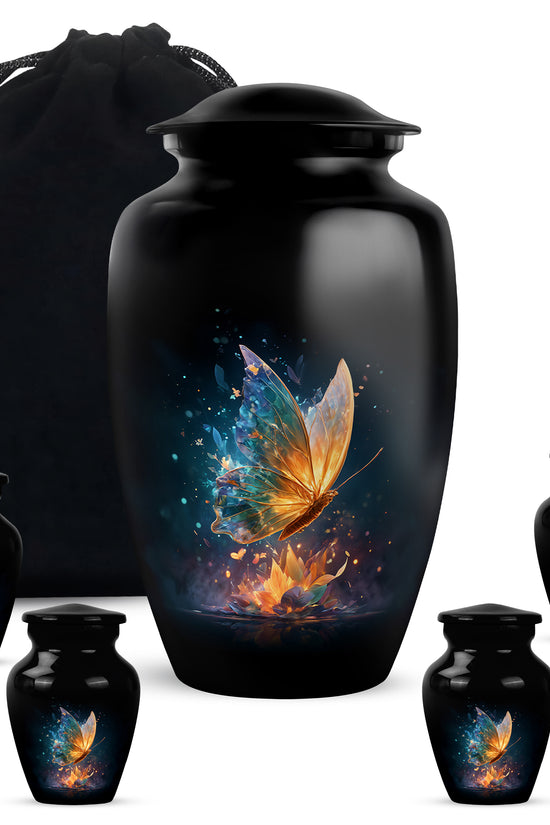Ebony Butterfly Cremation Urn top-down view of secure threaded lid - timeless butterfly motif etched into premium metal - memorial set with one large and four small urns