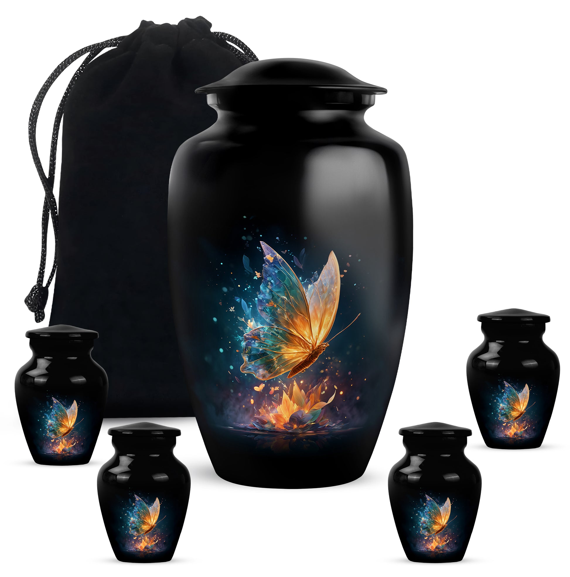 Ebony Butterfly Cremation Urn top-down view of secure threaded lid - timeless butterfly motif etched into premium metal - memorial set with one large and four small urns