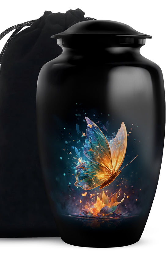 Onyx Black Butterfly Cremation Urn angled view of lid and engraved motif - traditional butterfly engraving with hand-polished finish - full-size 10 inch 200 cubic inch adult cremation urn