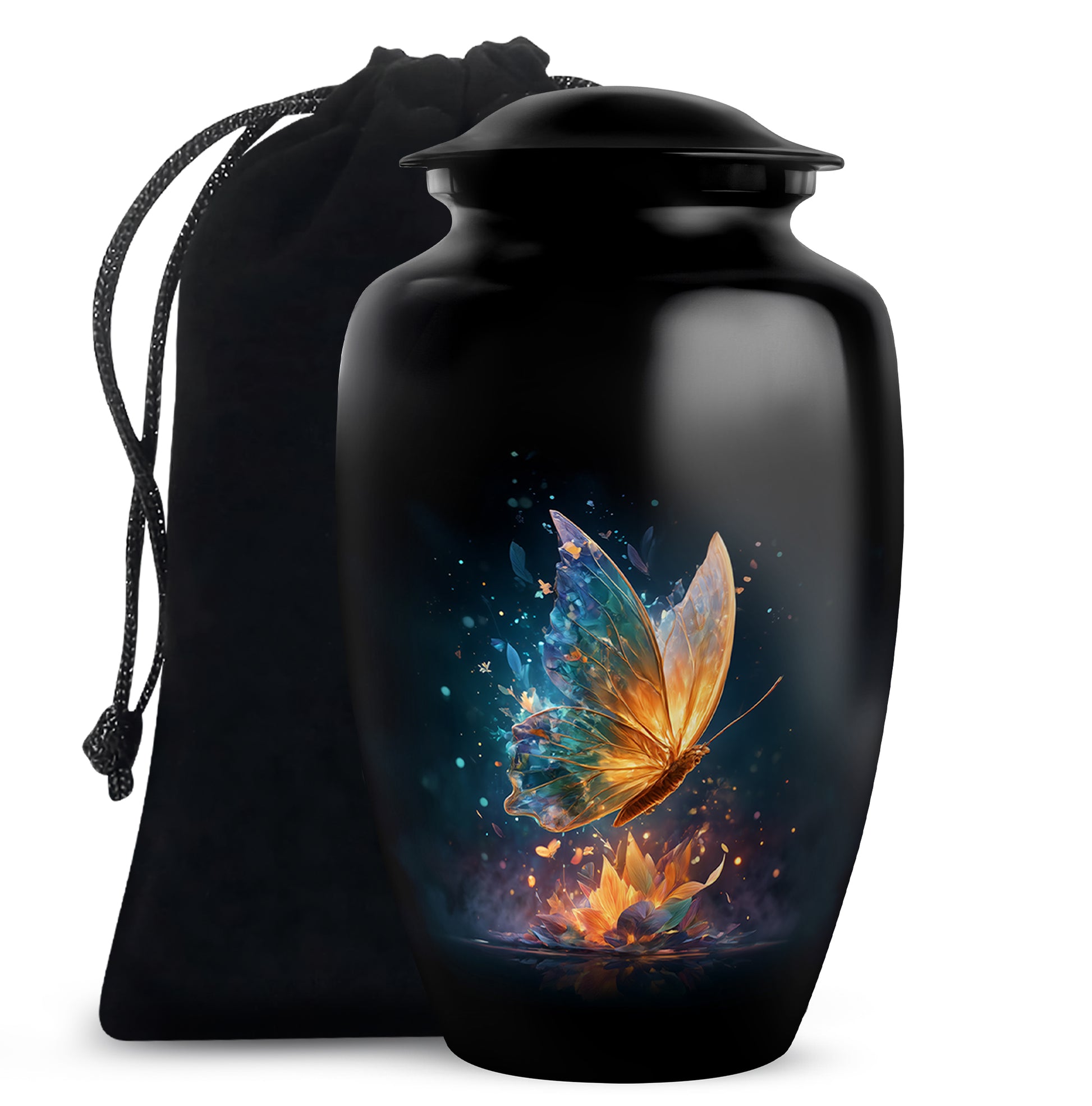 Onyx Black Butterfly Cremation Urn angled view of lid and engraved motif - traditional butterfly engraving with hand-polished finish - full-size 10 inch 200 cubic inch adult cremation urn