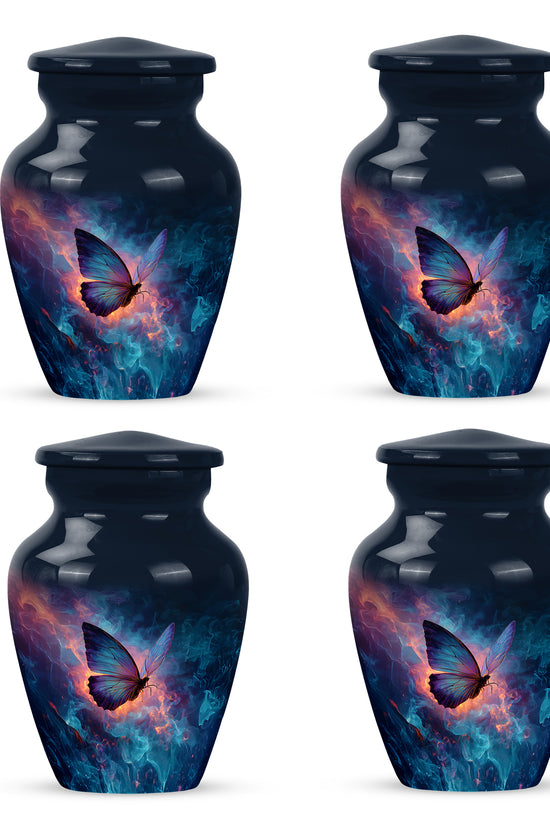 Serene Blue Butterfly Cremation Urn side profile showing urn shape - traditional butterfly engraving with hand-polished finish - 10 inch aluminum urn for cremated remains