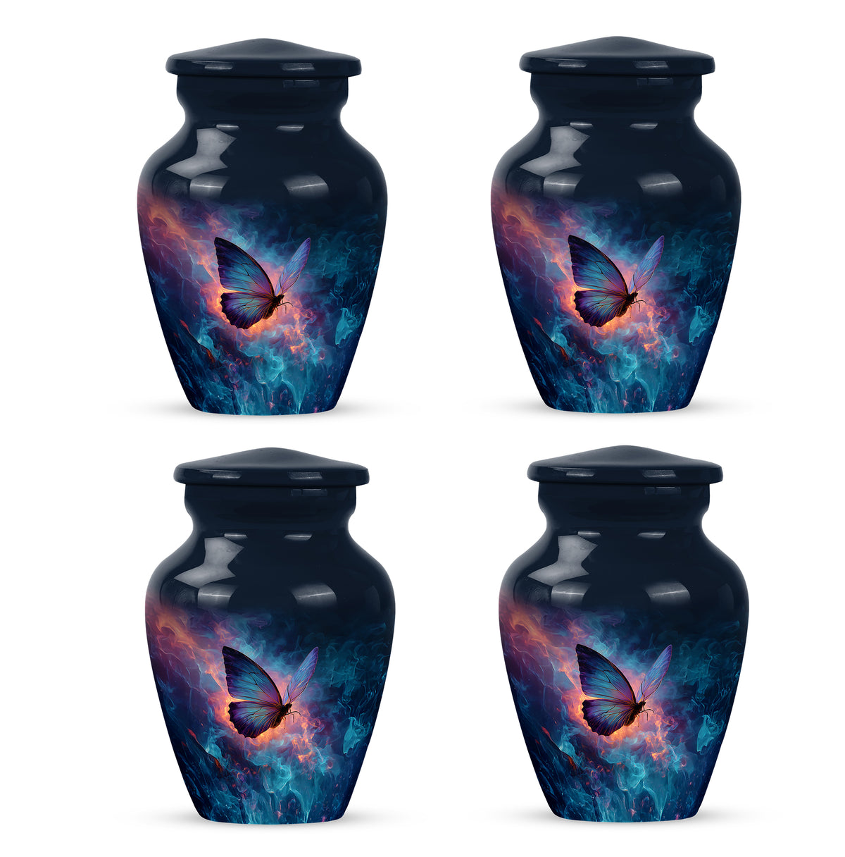 Serene Blue Butterfly Cremation Urn side profile showing urn shape - traditional butterfly engraving with hand-polished finish - 10 inch aluminum urn for cremated remains
